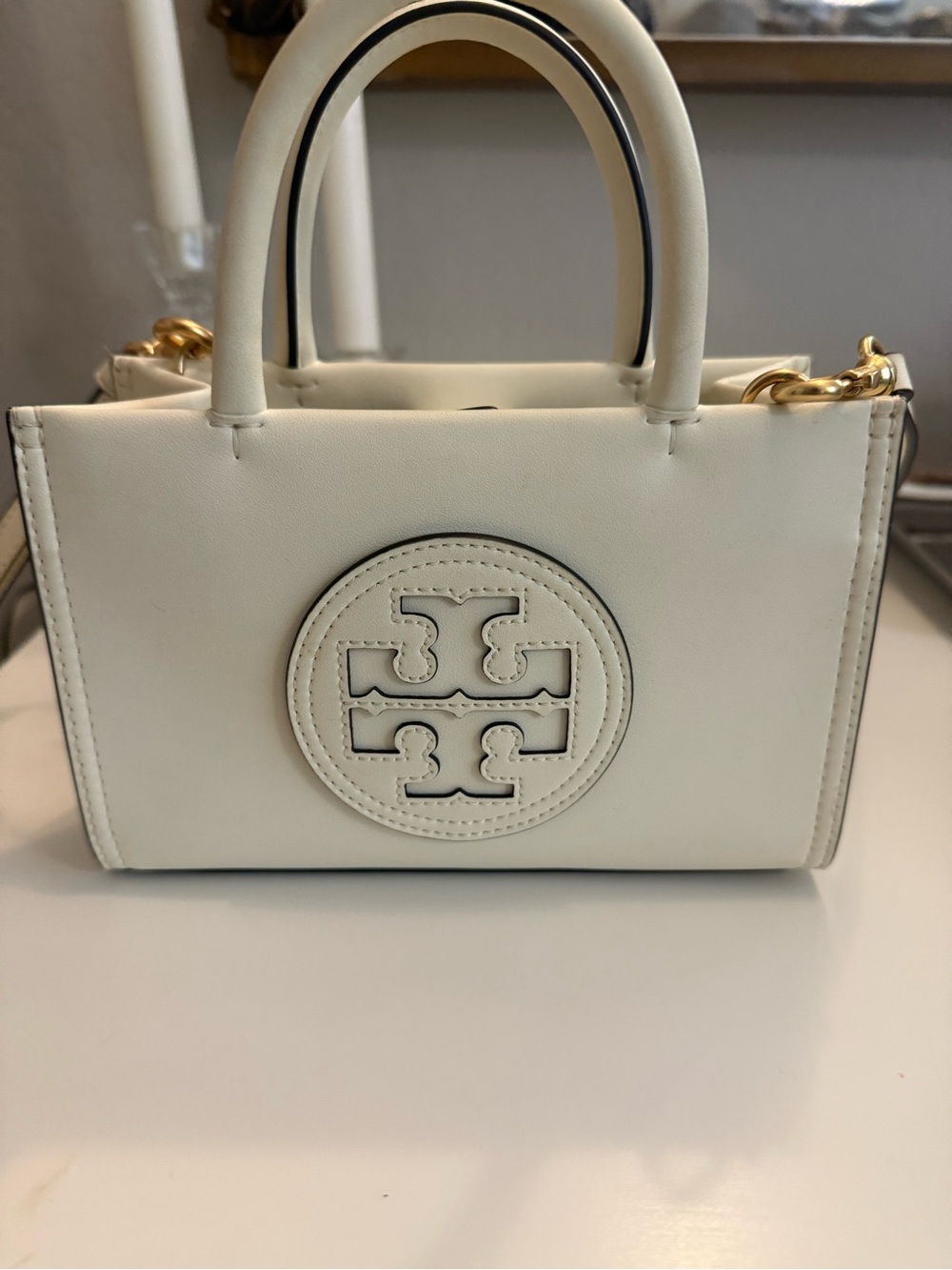 Tory Burch Cream Leather Top-Handle Satchel with Logo Medallion